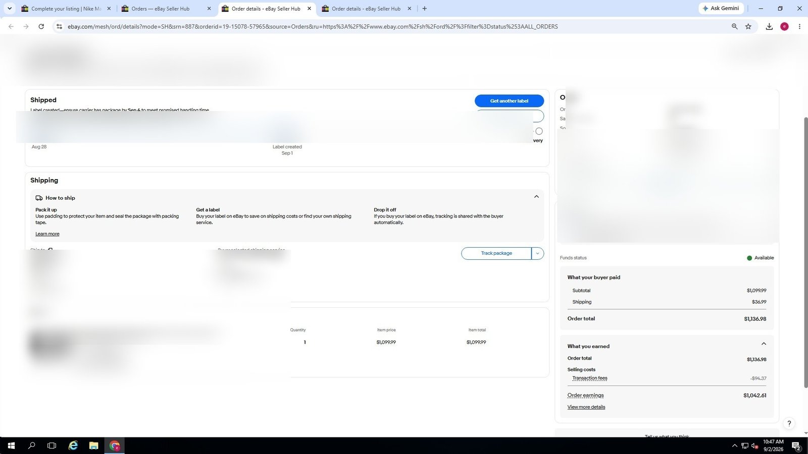 Redacted real eBay order screenshot