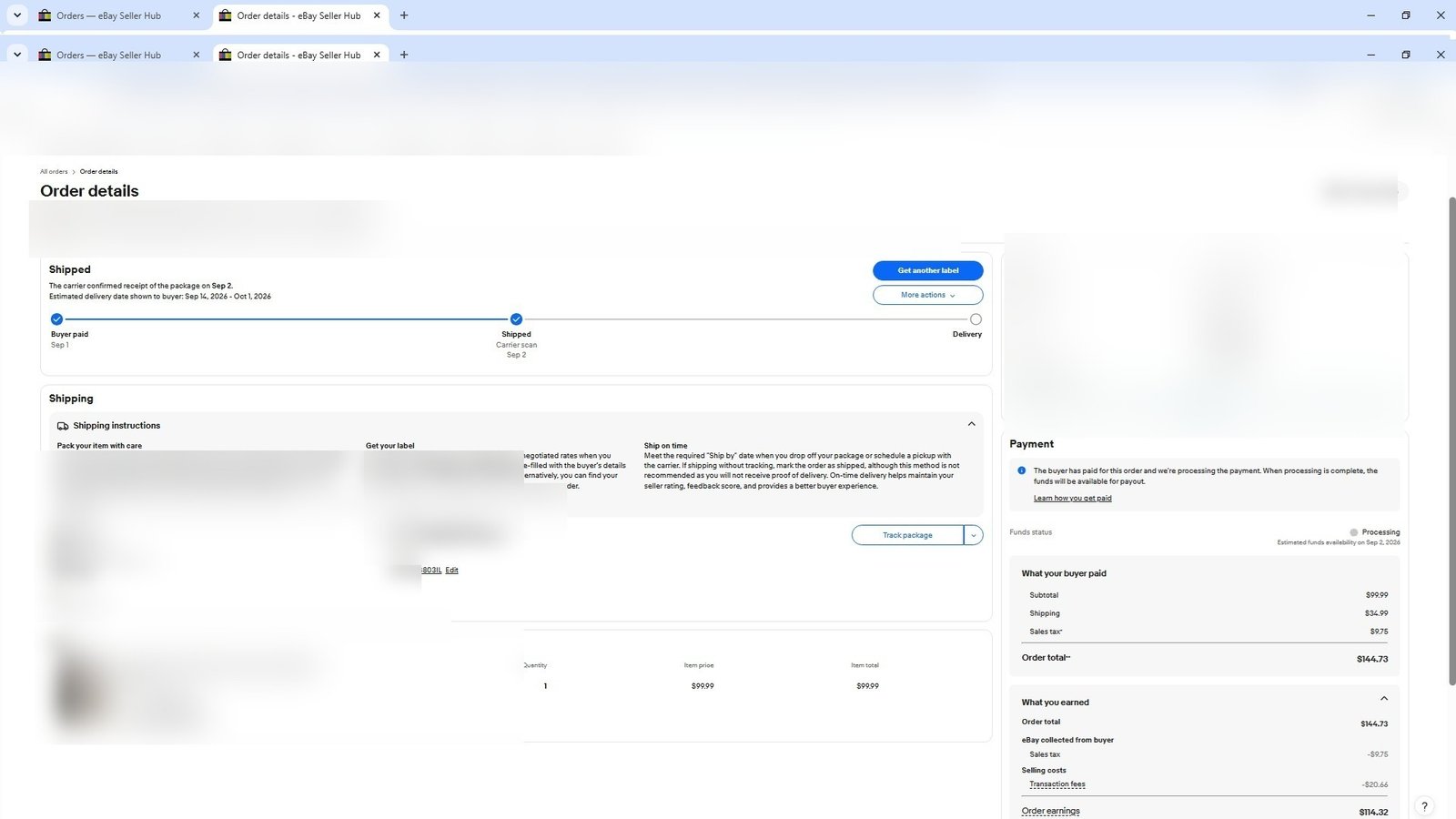 Redacted real eBay order screenshot
