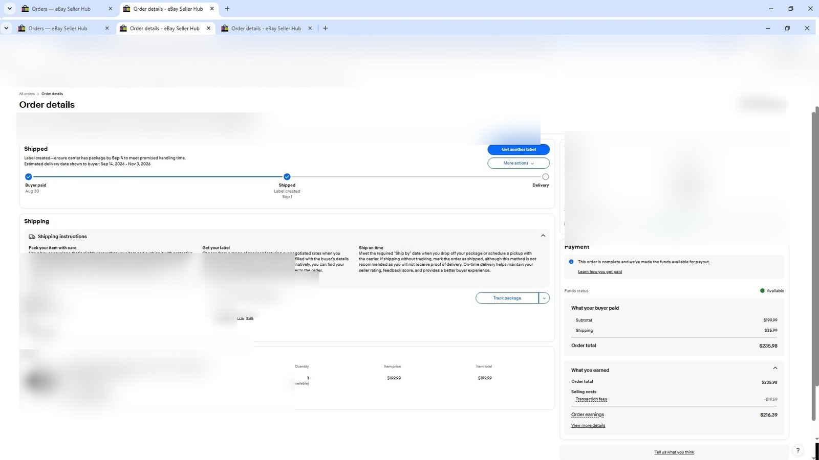 Redacted real eBay order screenshot