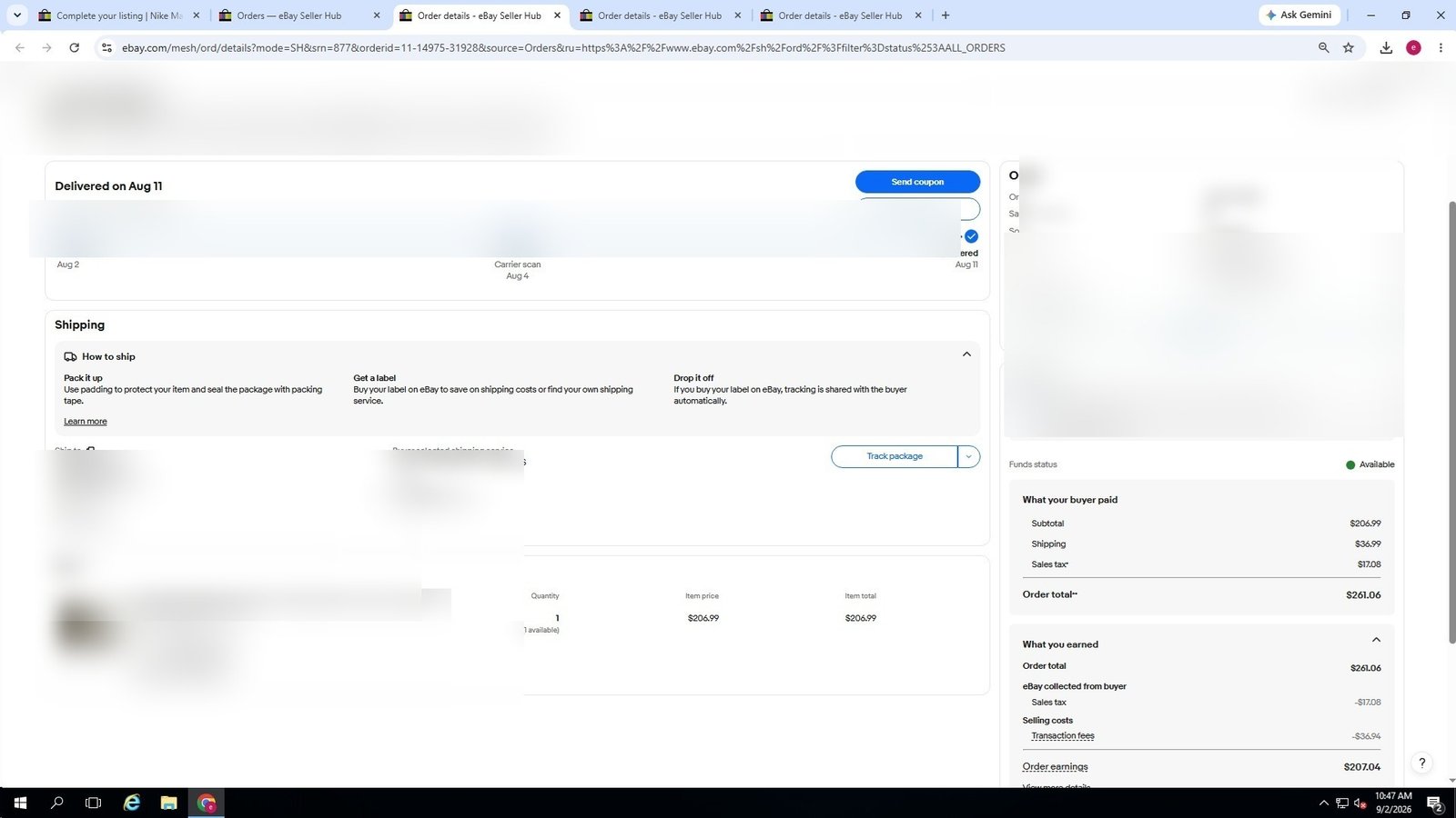 Redacted real eBay order screenshot