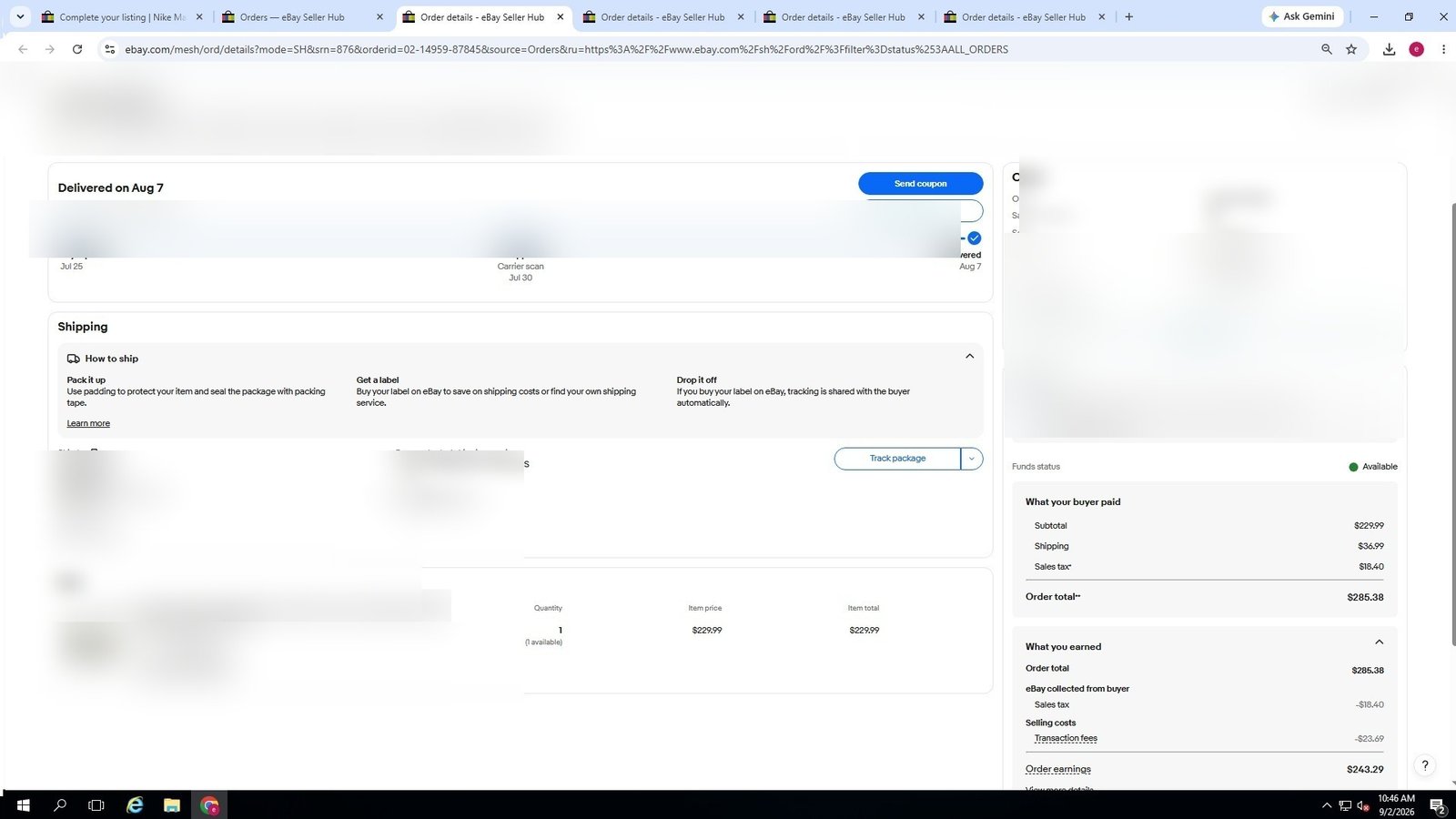 Redacted real eBay order screenshot