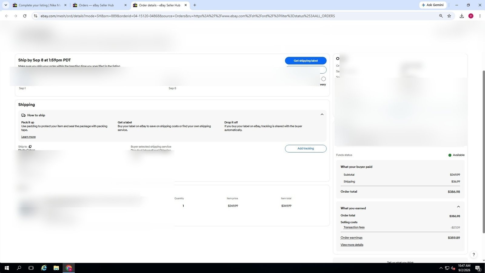 Redacted real eBay order screenshot