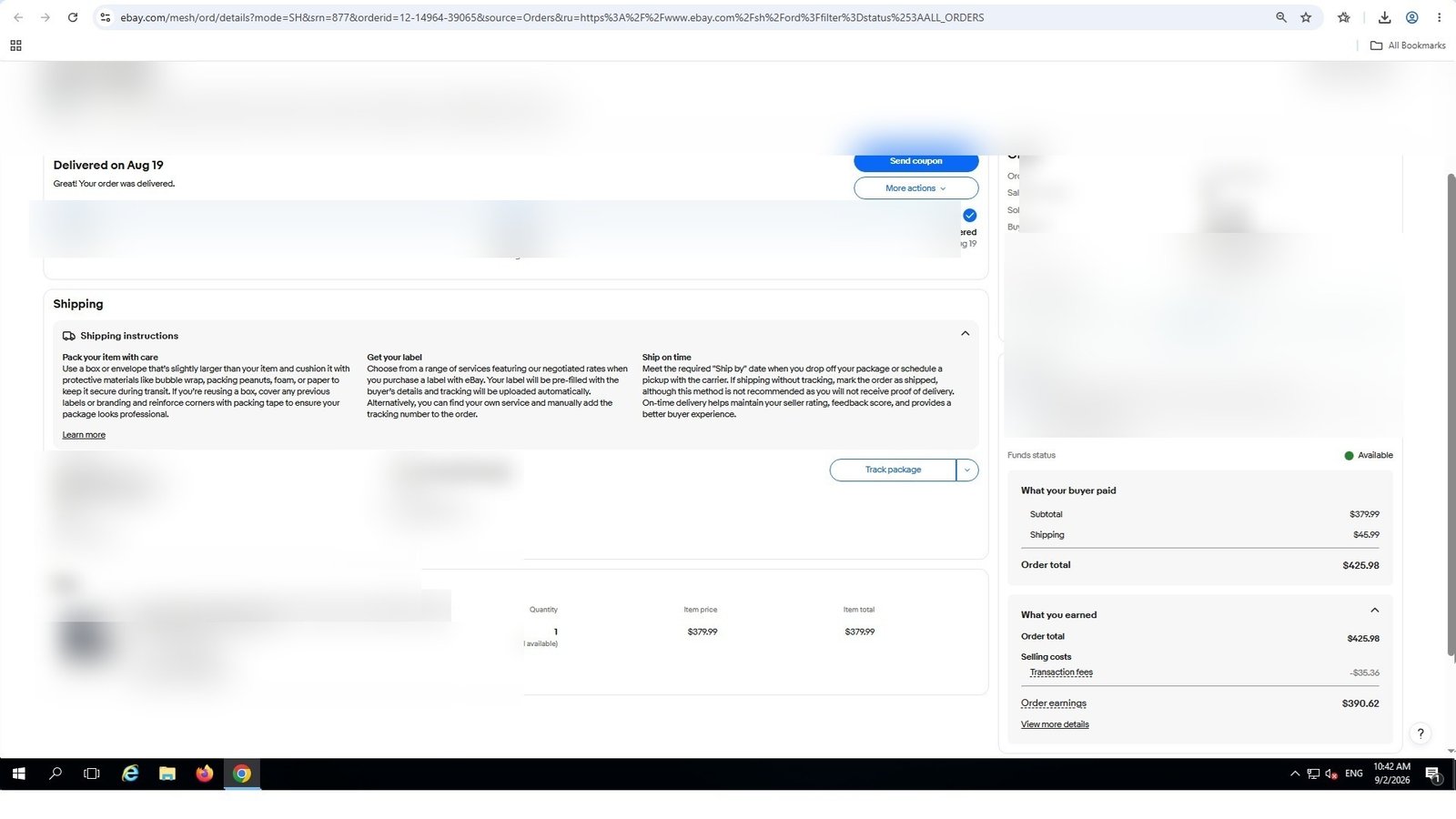 Redacted real eBay order screenshot
