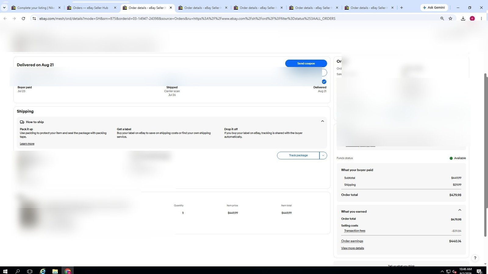 Redacted real eBay order screenshot