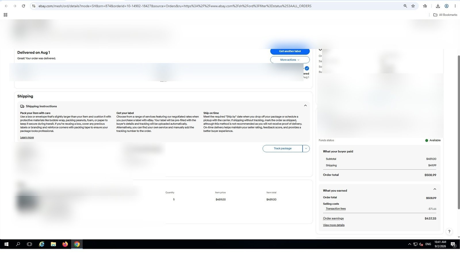 Redacted real eBay order screenshot