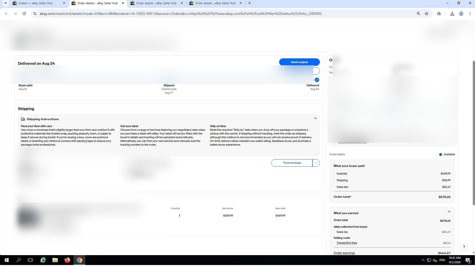Redacted real eBay order screenshot