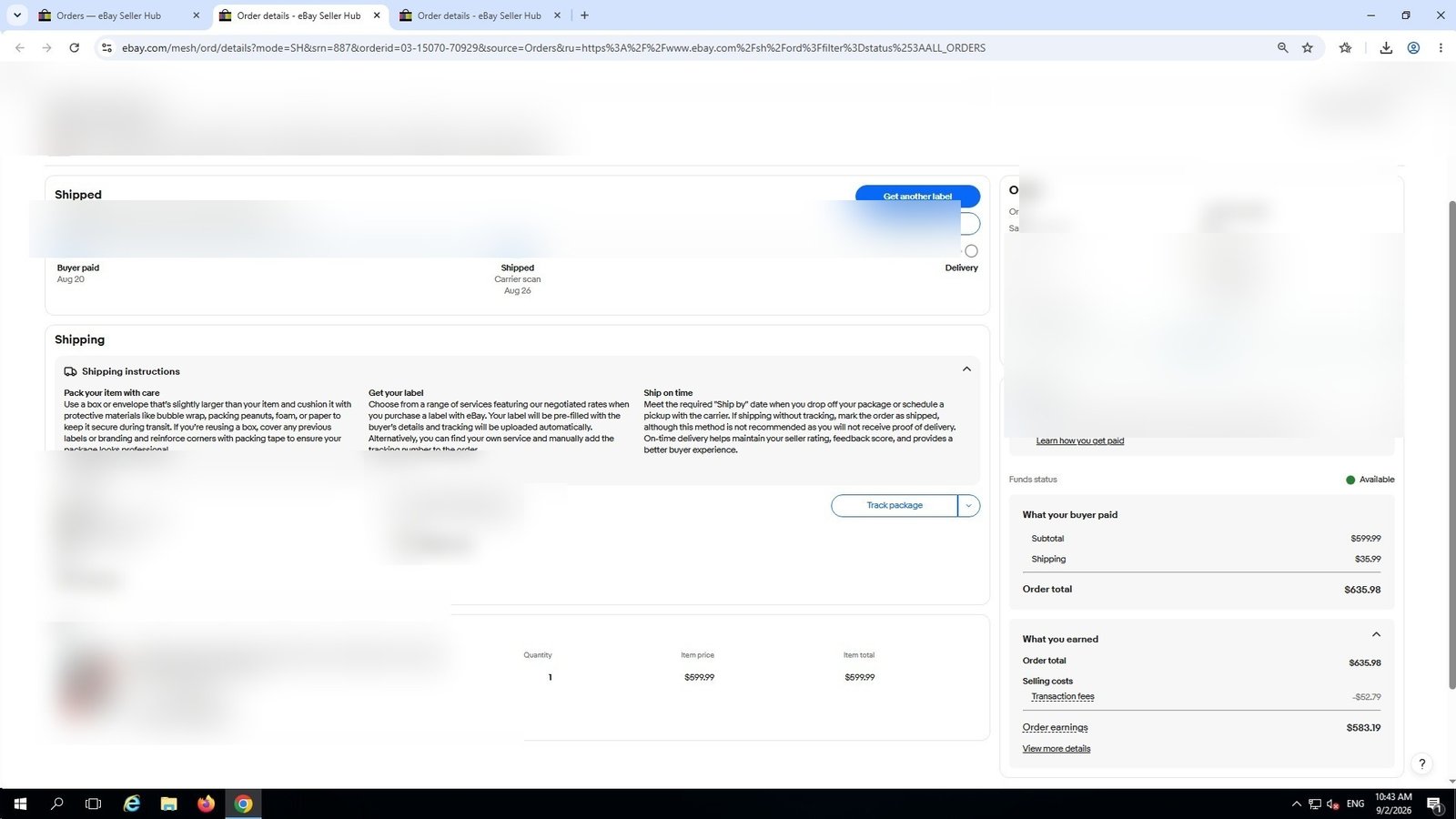 Redacted real eBay order screenshot