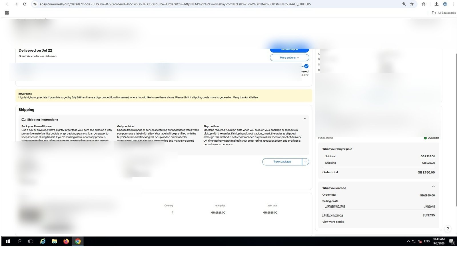 Redacted real eBay order screenshot